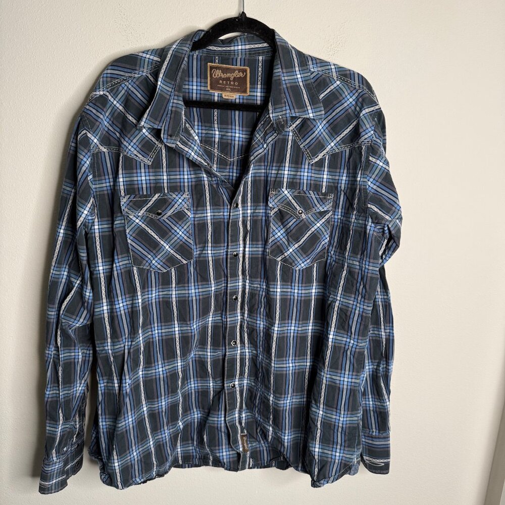 Wrangler Retro Men's Blue Premium Pearl Snap Button Up Shirt - Size XXL